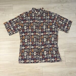 Burma Bibas Polo Shirt Mens Large Beige Pattern Short Sleeve Rayon Blend Aloha